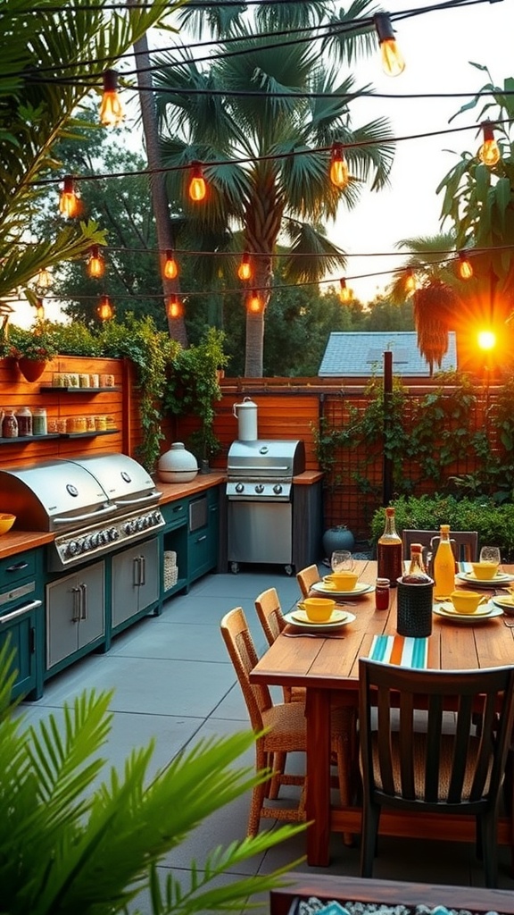 An outdoor barbecue area with a modern grill, wooden dining table, and string lights in a lush garden.